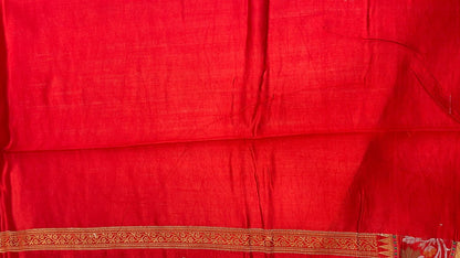 Faishana Pure Handloom Yellow Chiniya Silk Golden Floral Zari Booti Contrast Maroon Skirt Silver Mina Zari Dual Border and Maroon Floral Boota Pallu with Maroon Blouse