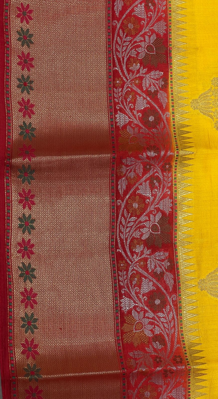Faishana Pure Handloom Yellow Chiniya Silk Golden Floral Zari Booti Contrast Maroon Skirt Silver Mina Zari Dual Border and Maroon Floral Boota Pallu with Maroon Blouse