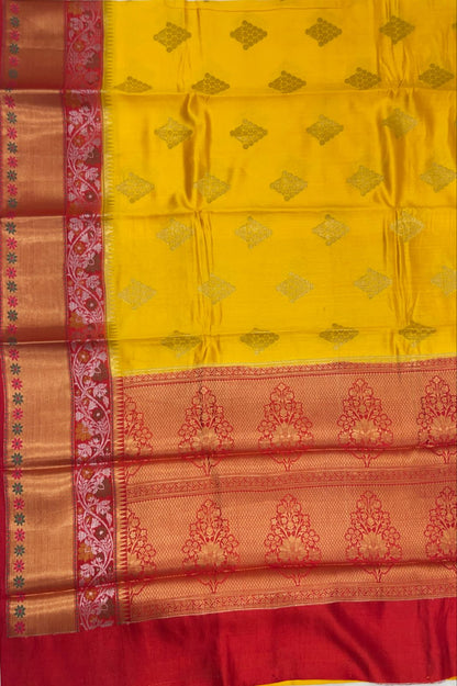 Faishana Pure Handloom Yellow Chiniya Silk Golden Floral Zari Booti Contrast Maroon Skirt Silver Mina Zari Dual Border and Maroon Floral Boota Pallu with Maroon Blouse