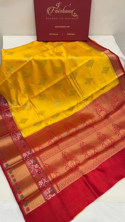 Faishana Pure Handloom Yellow Chiniya Silk Golden Floral Zari Booti Contrast Maroon Skirt Silver Mina Zari Dual Border and Maroon Floral Boota Pallu with Maroon Blouse