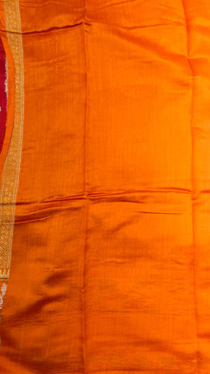 Faishana Pure Handloom Red Chiniya Silk Golden Floral Zari Booti Contrast Orange Skirt Silver Mina Zari Dual Border and Orange Floral Boota Pallu with Orange Blouse