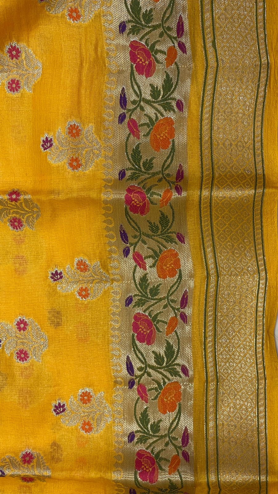 Faishana Pure Handwoven Yellow Tussar Silk Golden Floral Zari Mina Booti with Paithani Zari Border and Minakari Pallu with Yellow Blouse