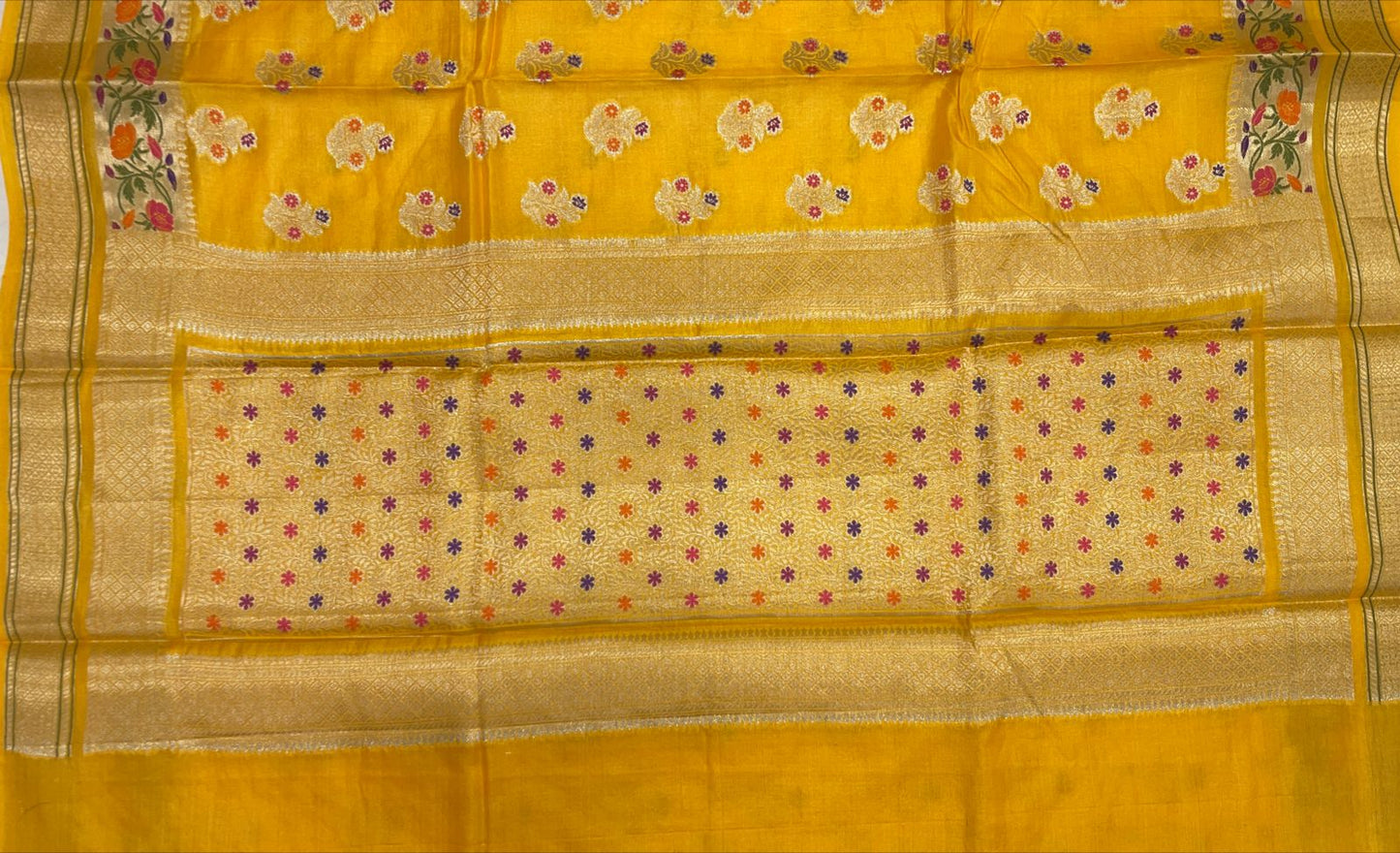 Faishana Pure Handwoven Yellow Tussar Silk Golden Floral Zari Mina Booti with Paithani Zari Border and Minakari Pallu with Yellow Blouse