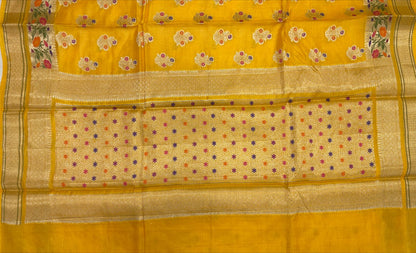 Faishana Pure Handwoven Yellow Tussar Silk Golden Floral Zari Mina Booti with Paithani Zari Border and Minakari Pallu with Yellow Blouse