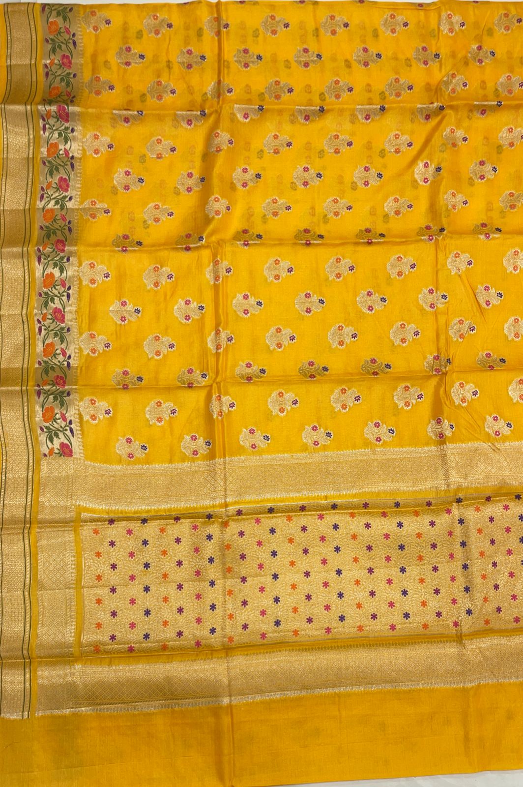 Faishana Pure Handwoven Yellow Tussar Silk Golden Floral Zari Mina Booti with Paithani Zari Border and Minakari Pallu with Yellow Blouse