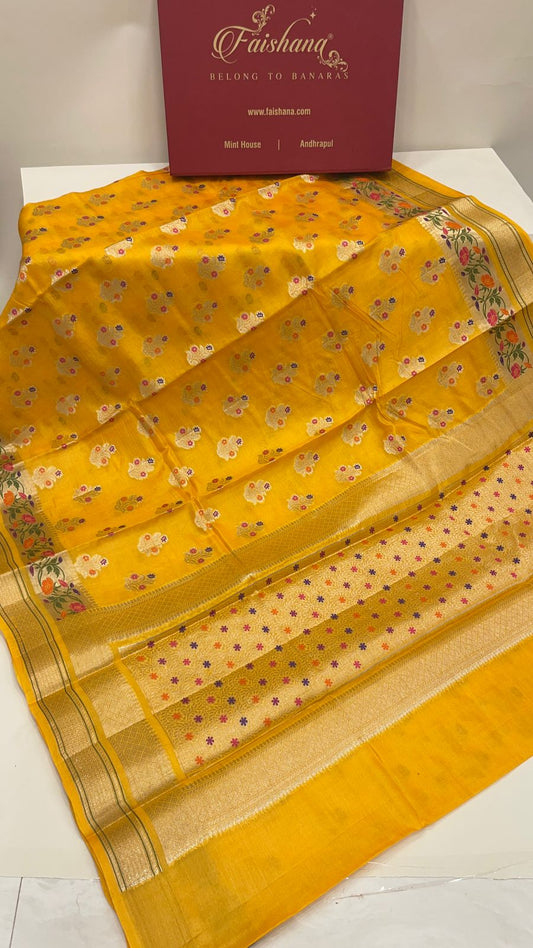 Faishana Pure Handwoven Yellow Tussar Silk Golden Floral Zari Mina Booti with Paithani Zari Border and Minakari Pallu with Yellow Blouse