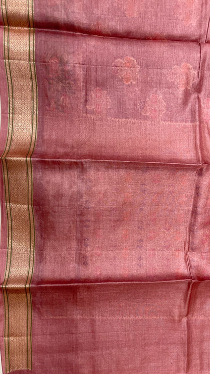 Faishana Pure Handwoven Light Mauve Tussar Silk Golden Floral Zari Mina Booti with Paithani Zari Border and Minakari Pallu with Light Mauve Blouse