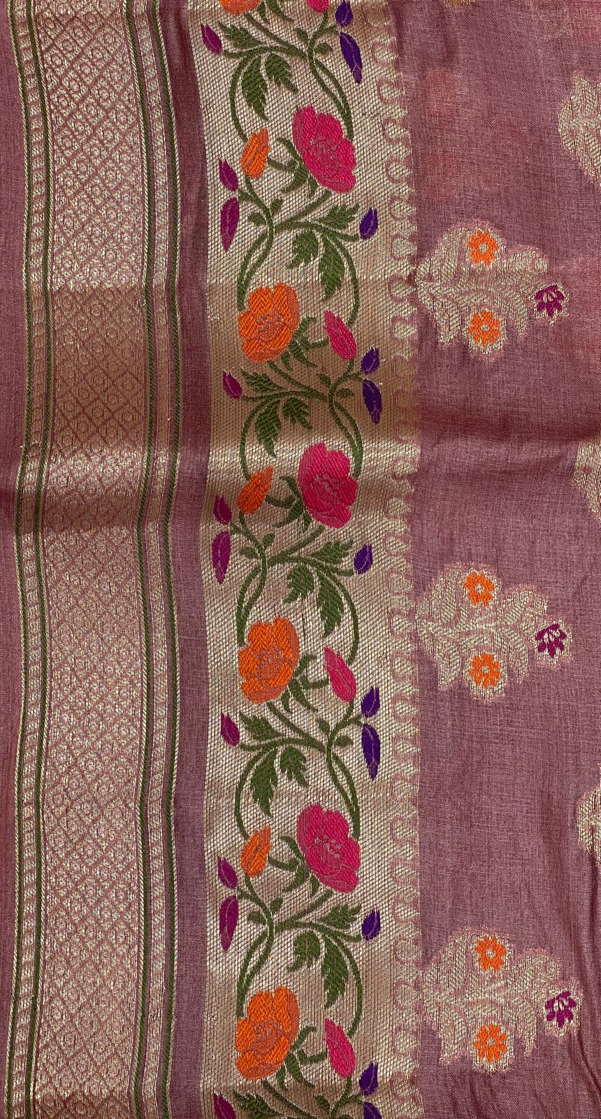 Faishana Pure Handwoven Light Mauve Tussar Silk Golden Floral Zari Mina Booti with Paithani Zari Border and Minakari Pallu with Light Mauve Blouse