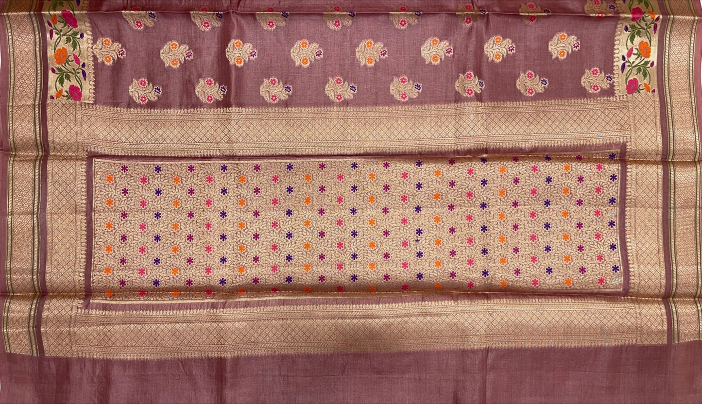 Faishana Pure Handwoven Light Mauve Tussar Silk Golden Floral Zari Mina Booti with Paithani Zari Border and Minakari Pallu with Light Mauve Blouse