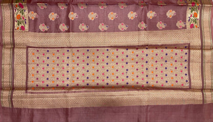 Faishana Pure Handwoven Light Mauve Tussar Silk Golden Floral Zari Mina Booti with Paithani Zari Border and Minakari Pallu with Light Mauve Blouse