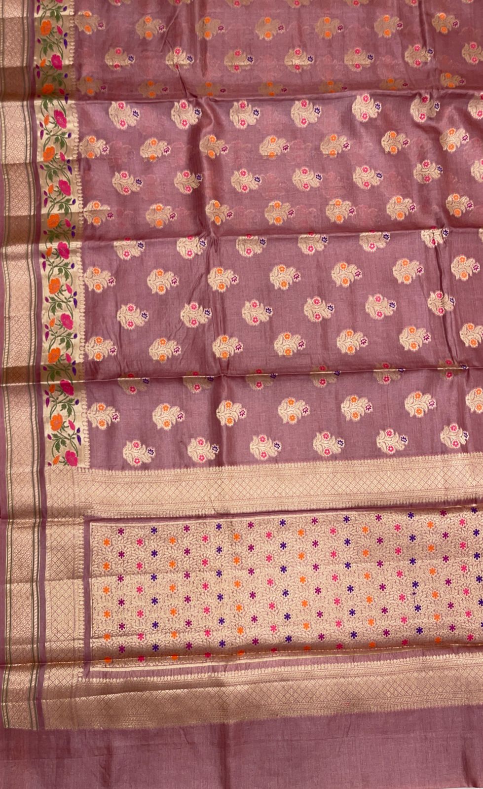 Faishana Pure Handwoven Light Mauve Tussar Silk Golden Floral Zari Mina Booti with Paithani Zari Border and Minakari Pallu with Light Mauve Blouse