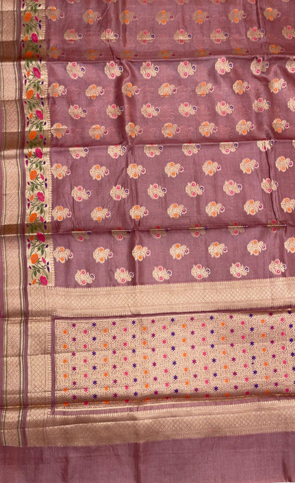 Faishana Pure Handwoven Light Mauve Tussar Silk Golden Floral Zari Mina Booti with Paithani Zari Border and Minakari Pallu with Light Mauve Blouse