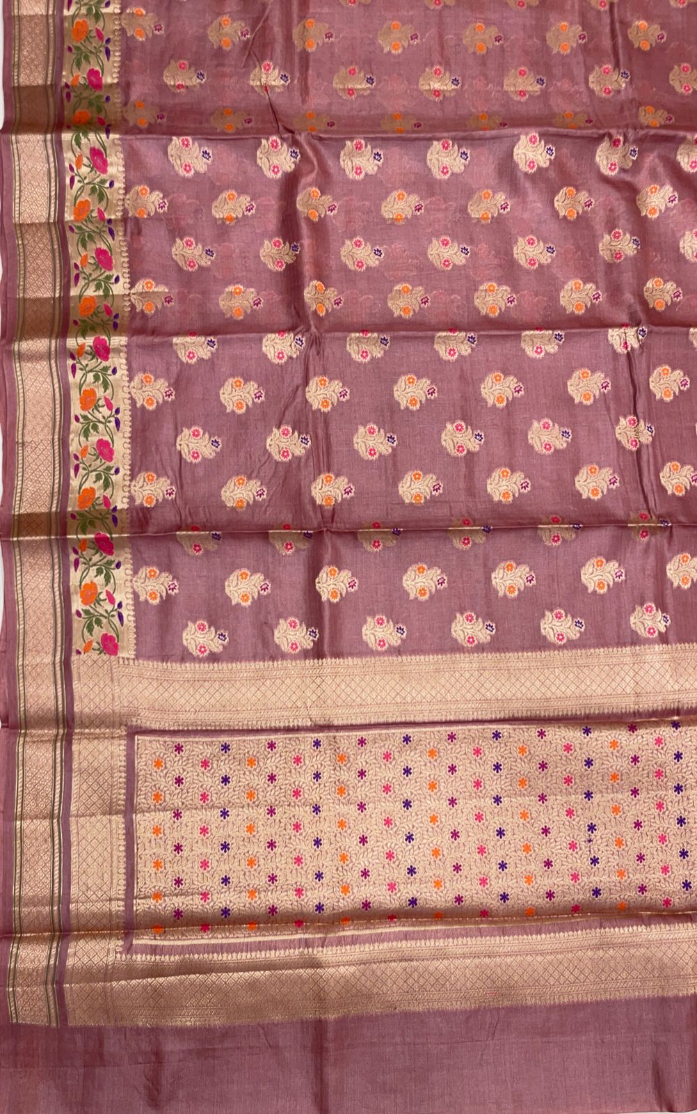 Faishana Pure Handwoven Light Mauve Tussar Silk Golden Floral Zari Mina Booti with Paithani Zari Border and Minakari Pallu with Light Mauve Blouse
