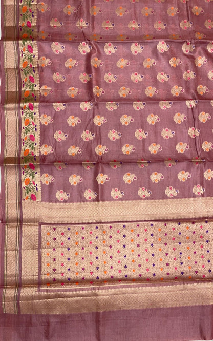 Faishana Pure Handwoven Light Mauve Tussar Silk Golden Floral Zari Mina Booti with Paithani Zari Border and Minakari Pallu with Light Mauve Blouse