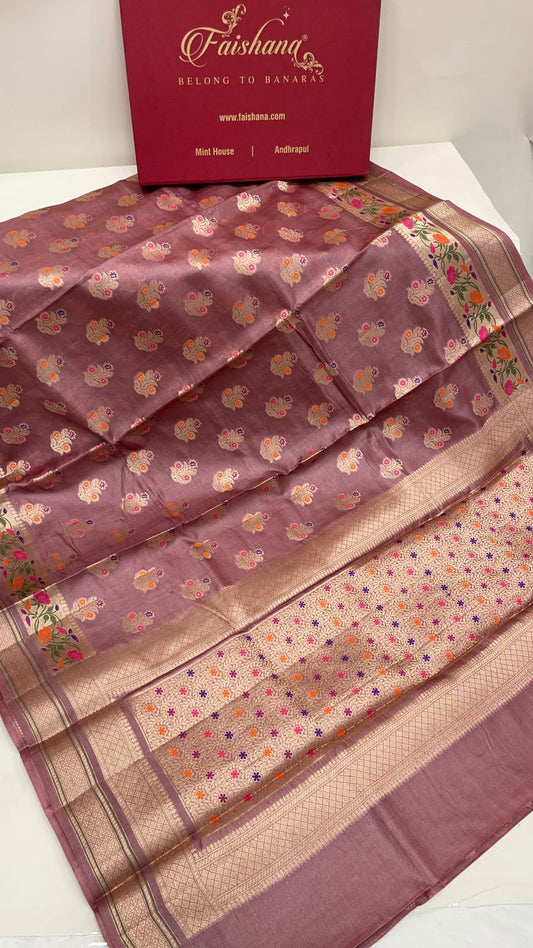 Faishana Pure Handwoven Light Mauve Tussar Silk Golden Floral Zari Mina Booti with Paithani Zari Border and Minakari Pallu with Light Mauve Blouse