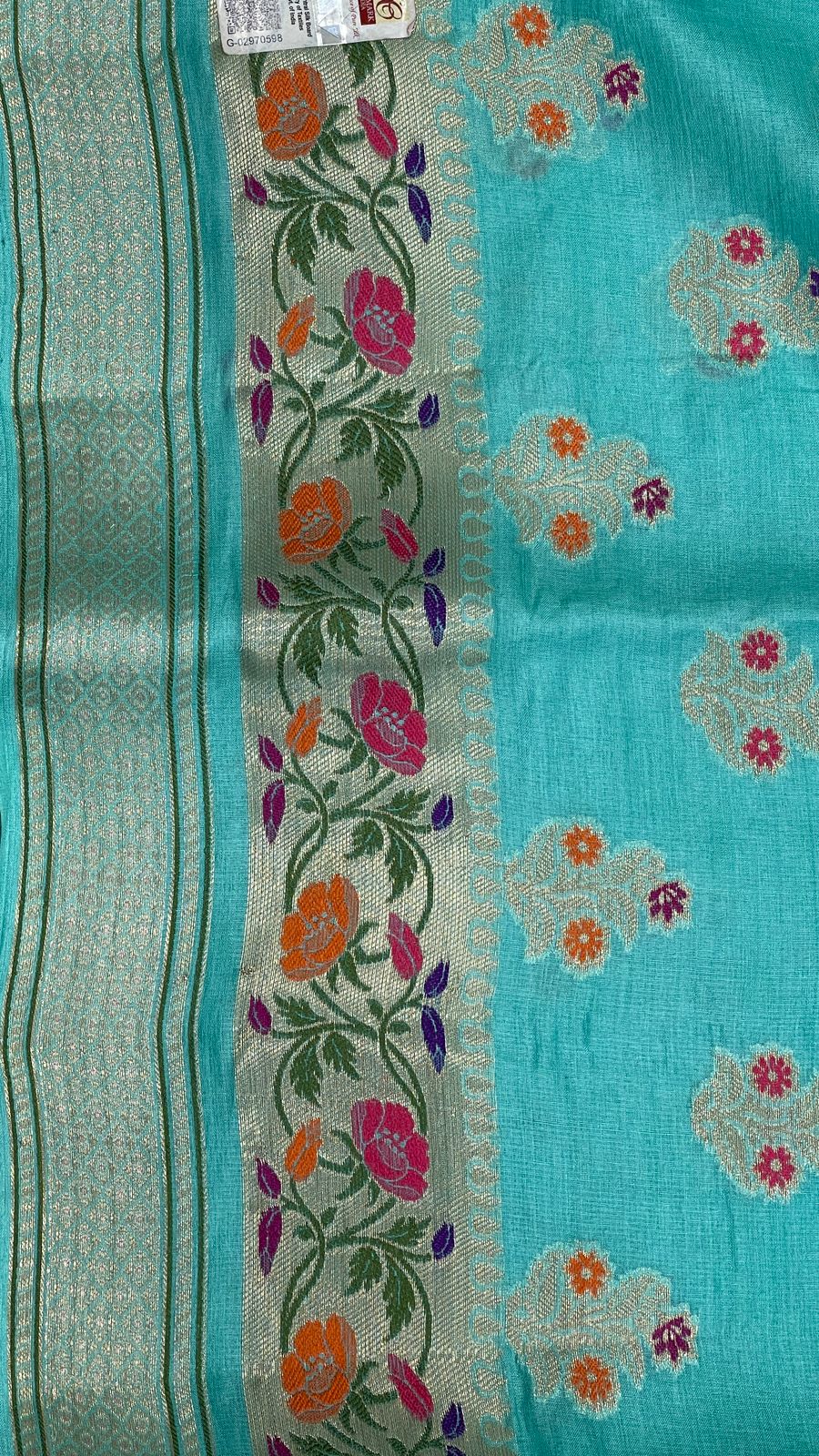 Faishana Pure Handwoven Sky Blue Tussar Silk Golden Floral Zari Mina Booti with Paithani Zari Border and Minakari Pallu with Sky Blue Blouse