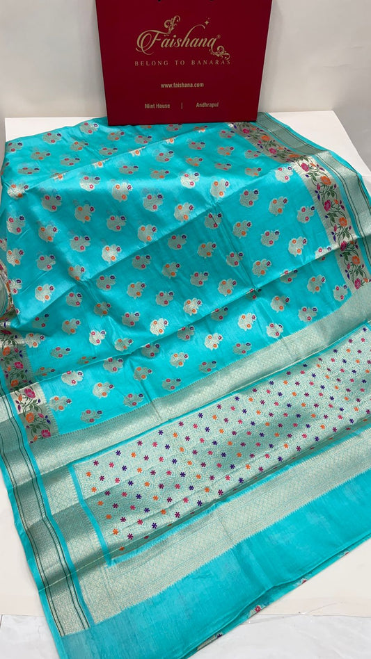 Faishana Pure Handwoven Sky Blue Tussar Silk Golden Floral Zari Mina Booti with Paithani Zari Border and Minakari Pallu with Sky Blue Blouse