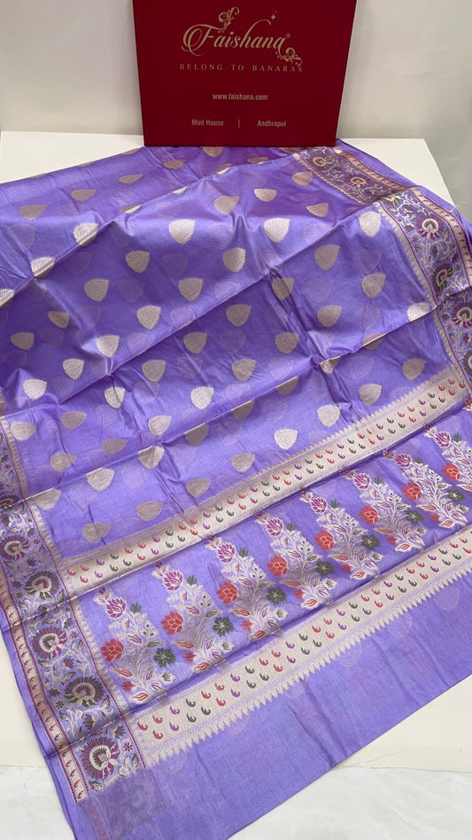 Faishana Pure Handwoven Light Purple Tussar Silk Floral Zari Boota Alfi Mina Zari Border and Pallu with Light Purple Blouse