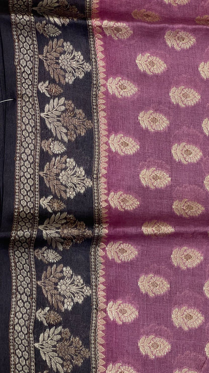 Faishana Pure Handwoven Light Purple Tussar Silk Floral Mina Zari Booti with Contrast Black Mina Floral Zari Border and Pallu with Black Blouse