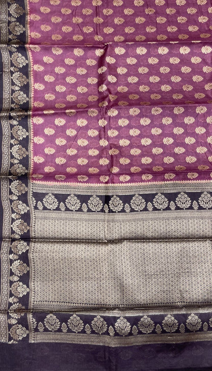 Faishana Pure Handwoven Light Purple Tussar Silk Floral Mina Zari Booti with Contrast Black Mina Floral Zari Border and Pallu with Black Blouse