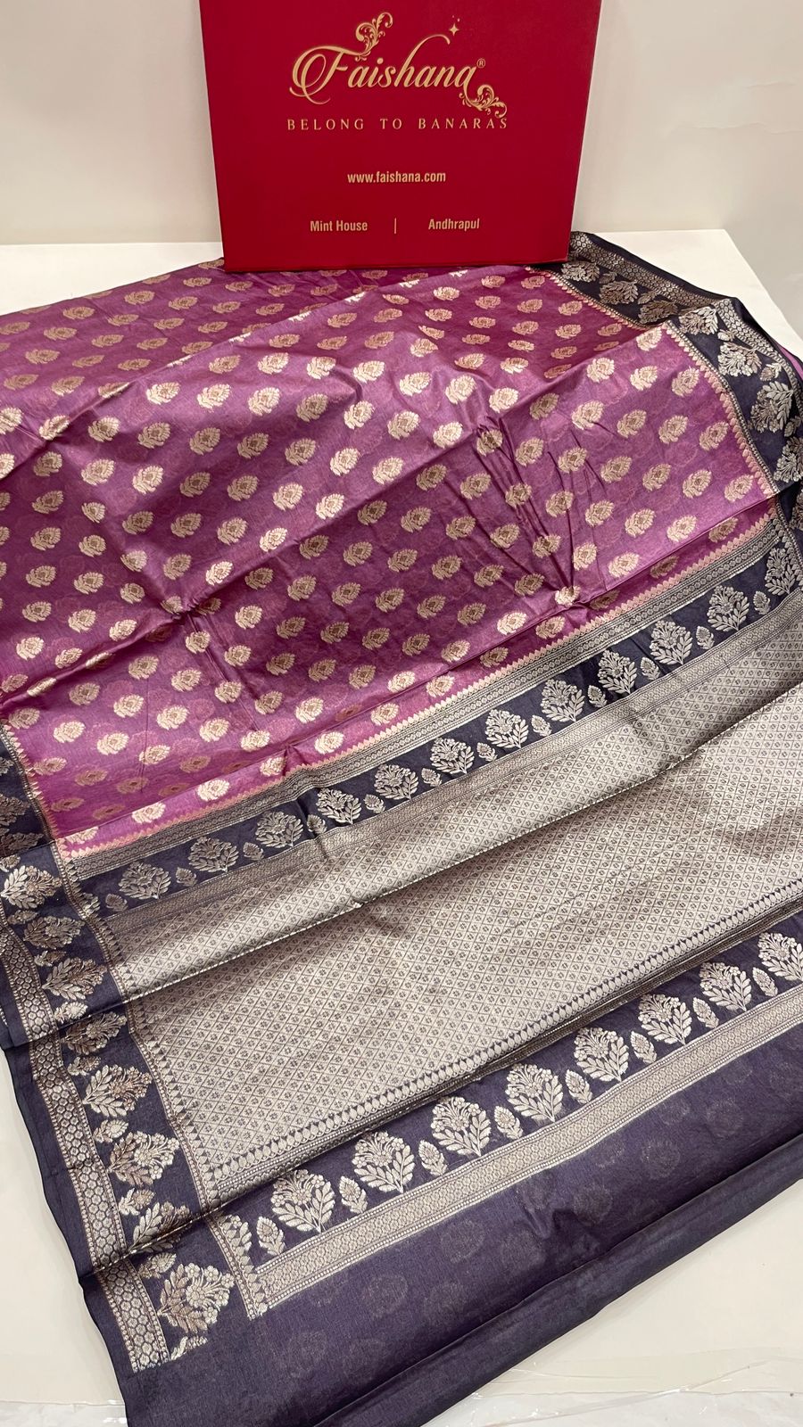 Faishana Pure Handwoven Light Purple Tussar Silk Floral Mina Zari Booti with Contrast Black Mina Floral Zari Border and Pallu with Black Blouse