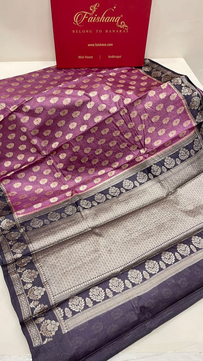 Faishana Pure Handwoven Light Purple Tussar Silk Floral Mina Zari Booti with Contrast Black Mina Floral Zari Border and Pallu with Black Blouse