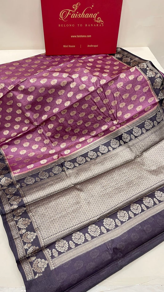 Faishana Pure Handwoven Light Purple Tussar Silk Floral Mina Zari Booti with Contrast Black Mina Floral Zari Border and Pallu with Black Blouse