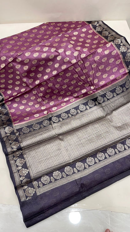 Faishana Pure Handwoven Light Purple Tussar Silk Floral Mina Zari Booti with Contrast Black Mina Floral Zari Border and Pallu with Black Blouse
