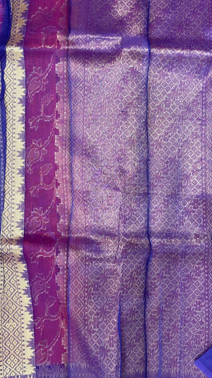 Faishana Pure Handloom Red Cotton Linen Golden Zari Floral Tilfi Jaal with Contrast Blue Ada Stripe Zari Pallu and Border with Blue Blouse