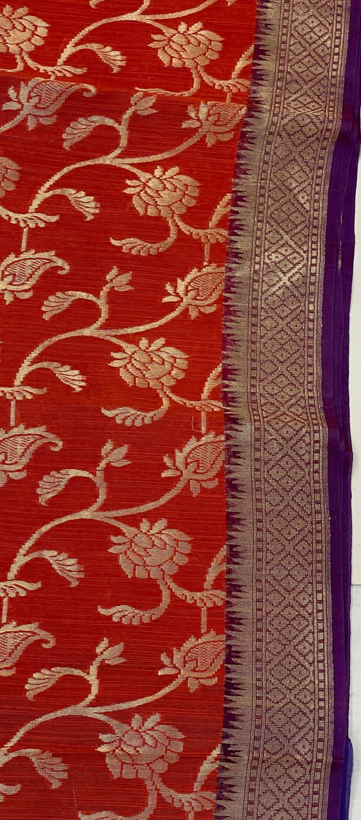 Faishana Pure Handloom Red Cotton Linen Golden Zari Floral Tilfi Jaal with Contrast Blue Ada Stripe Zari Pallu and Border with Blue Blouse