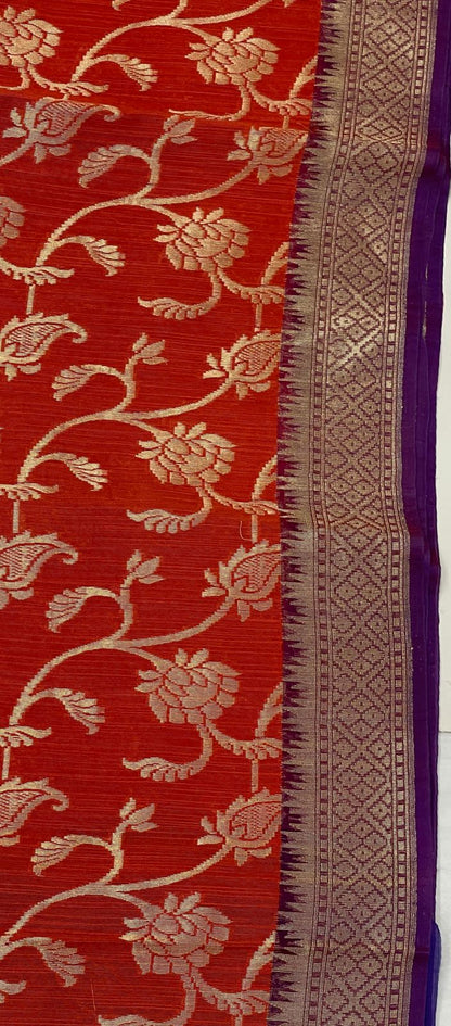 Faishana Pure Handloom Red Cotton Linen Golden Zari Floral Tilfi Jaal with Contrast Blue Ada Stripe Zari Pallu and Border with Blue Blouse