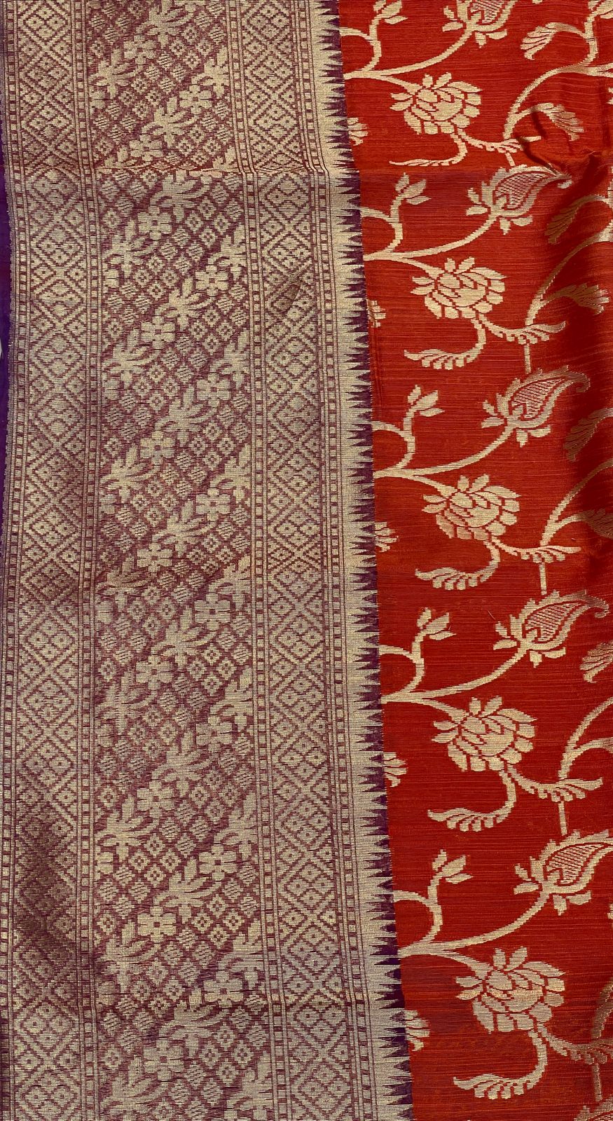 Faishana Pure Handloom Red Cotton Linen Golden Zari Floral Tilfi Jaal with Contrast Blue Ada Stripe Zari Pallu and Border with Blue Blouse