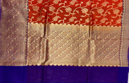 Faishana Pure Handloom Red Cotton Linen Golden Zari Floral Tilfi Jaal with Contrast Blue Ada Stripe Zari Pallu and Border with Blue Blouse