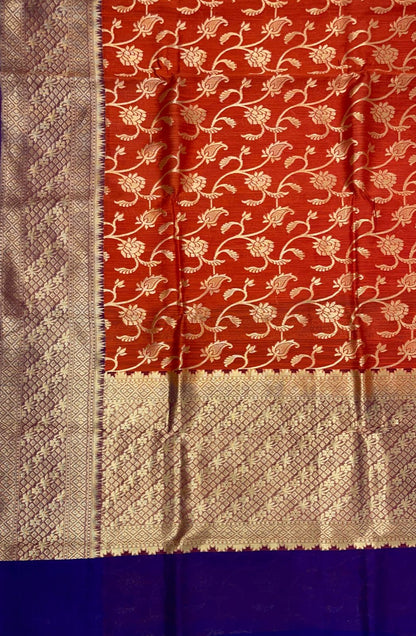 Faishana Pure Handloom Red Cotton Linen Golden Zari Floral Tilfi Jaal with Contrast Blue Ada Stripe Zari Pallu and Border with Blue Blouse