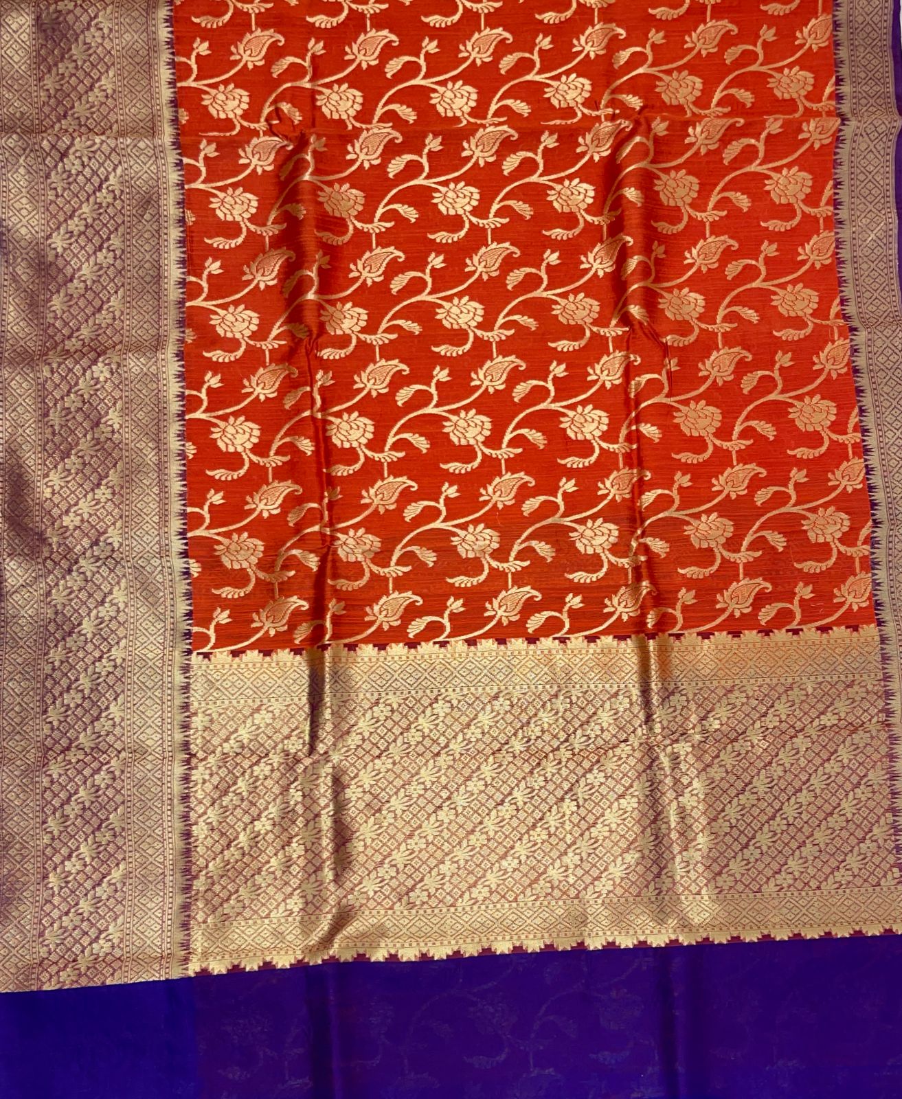 Faishana Pure Handloom Red Cotton Linen Golden Zari Floral Tilfi Jaal with Contrast Blue Ada Stripe Zari Pallu and Border with Blue Blouse