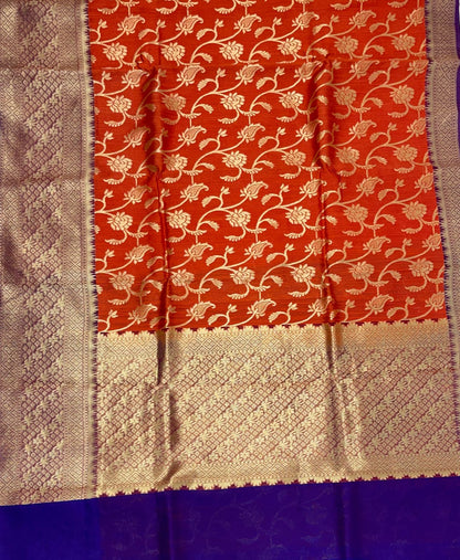 Faishana Pure Handloom Red Cotton Linen Golden Zari Floral Tilfi Jaal with Contrast Blue Ada Stripe Zari Pallu and Border with Blue Blouse