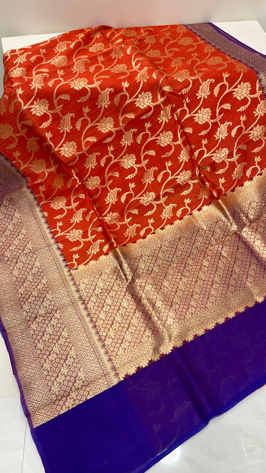 Faishana Pure Handloom Red Cotton Linen Golden Zari Floral Tilfi Jaal with Contrast Blue Ada Stripe Zari Pallu and Border with Blue Blouse