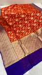 Faishana Pure Handloom Red Cotton Linen Golden Zari Floral Tilfi Jaal with Contrast Blue Ada Stripe Zari Pallu and Border with Blue Blouse