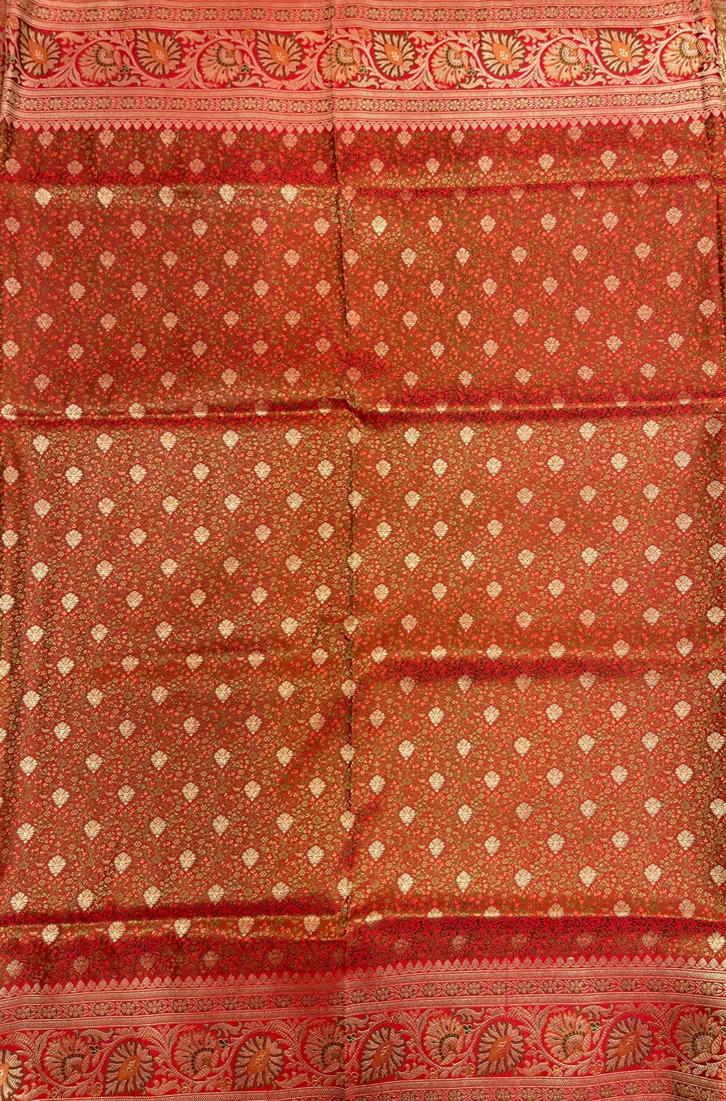 Faishana Presents Light Red Katan Silk Tanchoi Floral Zari Mina Jaal with Banarasi Floral Minakari Zari Border and Big Boota Pallu with Light Red Blouse