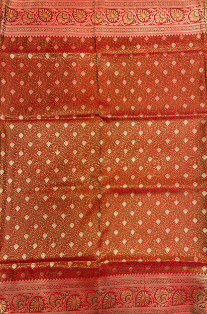Faishana Presents Light Red Katan Silk Tanchoi Floral Zari Mina Jaal with Banarasi Floral Minakari Zari Border and Big Boota Pallu with Light Red Blouse