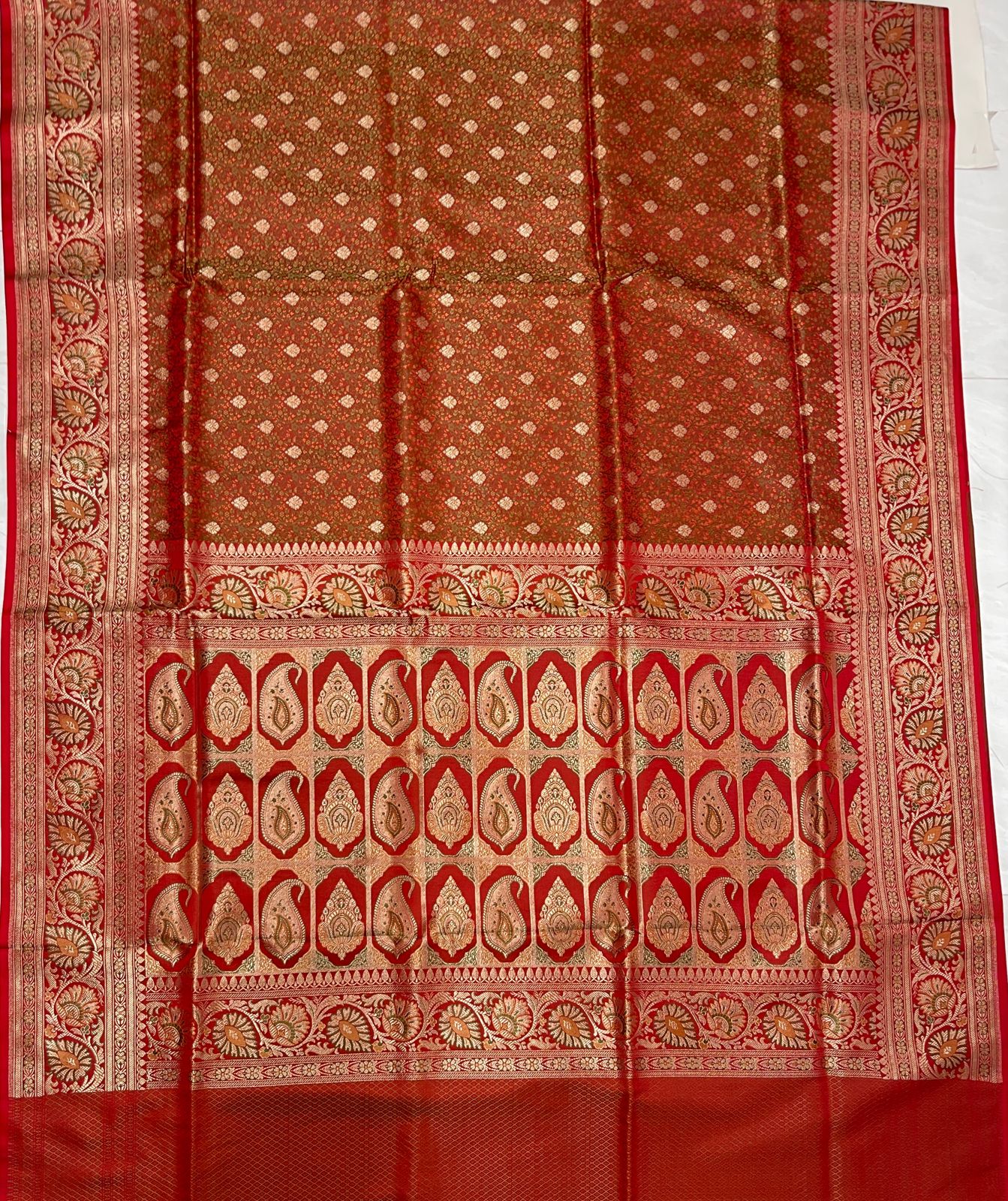 Faishana Presents Light Red Katan Silk Tanchoi Floral Zari Mina Jaal with Banarasi Floral Minakari Zari Border and Big Boota Pallu with Light Red Blouse