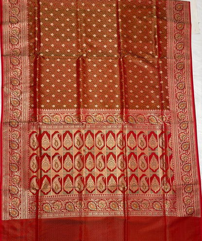 Faishana Presents Light Red Katan Silk Tanchoi Floral Zari Mina Jaal with Banarasi Floral Minakari Zari Border and Big Boota Pallu with Light Red Blouse