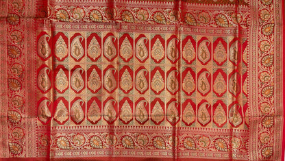 Faishana Presents Light Red Katan Silk Tanchoi Floral Zari Mina Jaal with Banarasi Floral Minakari Zari Border and Big Boota Pallu with Light Red Blouse