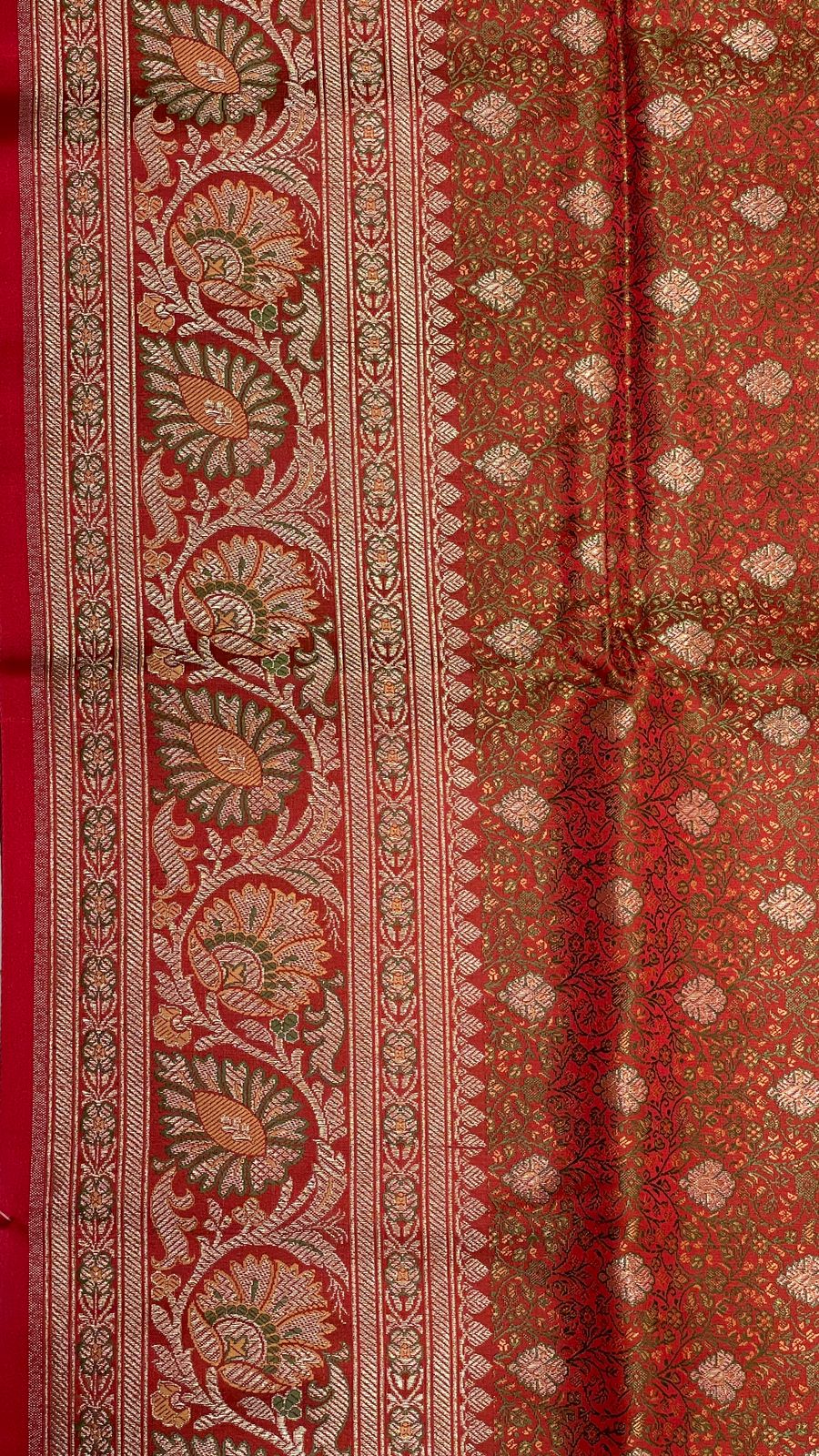 Faishana Presents Light Red Katan Silk Tanchoi Floral Zari Mina Jaal with Banarasi Floral Minakari Zari Border and Big Boota Pallu with Light Red Blouse