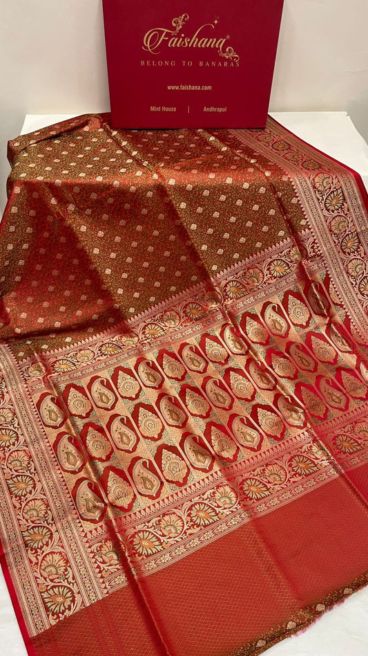 Faishana Presents Light Red Katan Silk Tanchoi Floral Zari Mina Jaal with Banarasi Floral Minakari Zari Border and Big Boota Pallu with Light Red Blouse