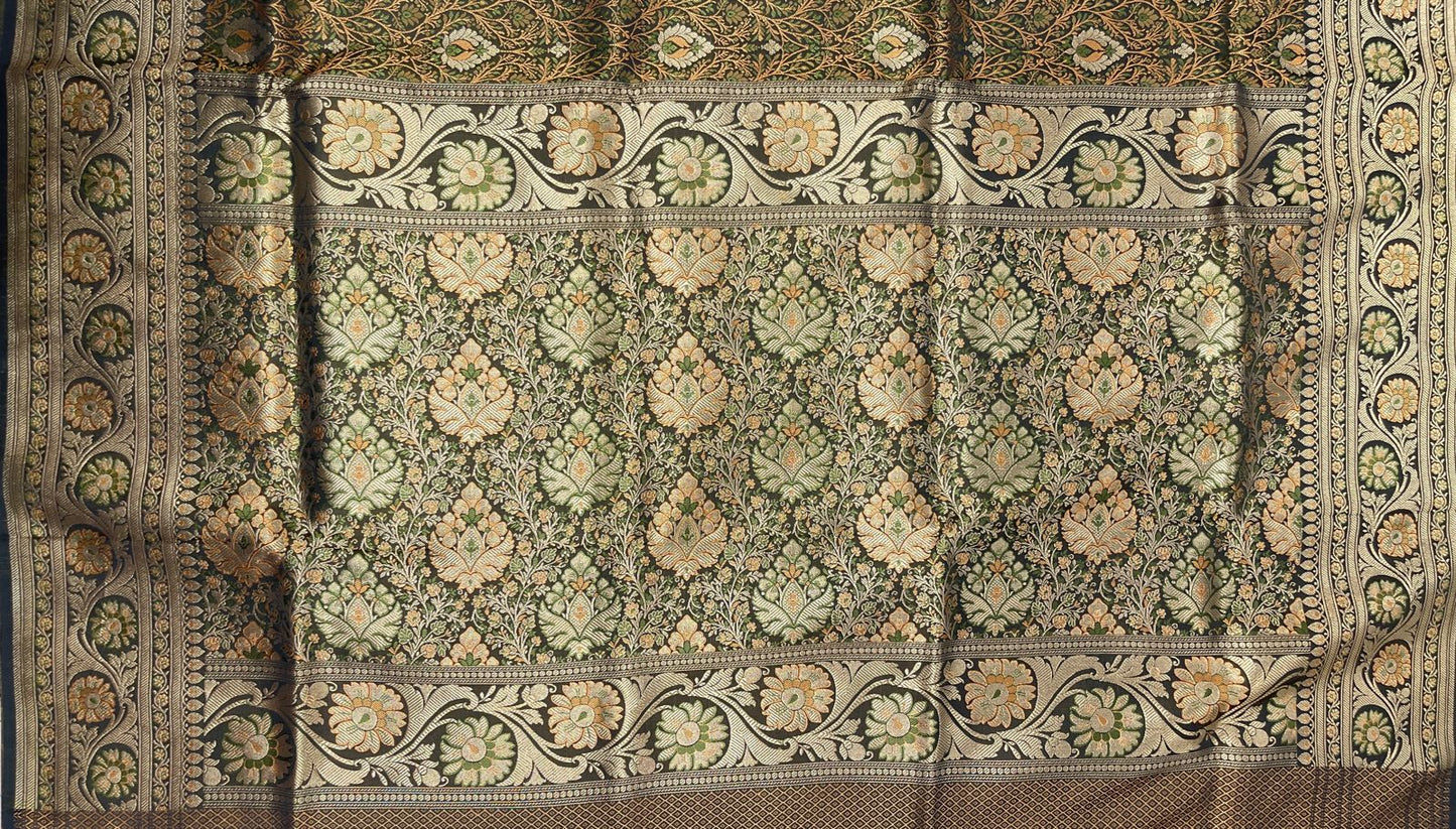 Faishana Presents Dark Green Katan Silk Tanchoi Floral Zari Mina Booti Jaal with Banarasi Floral Minakari Zari Border and Big Boota Pallu with Dark Green Blouse
