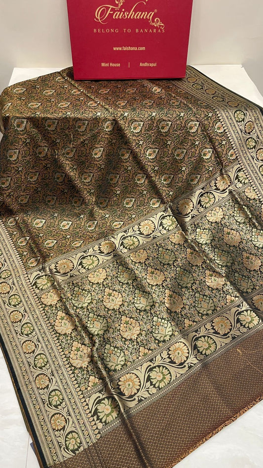 Faishana Presents Dark Green Katan Silk Tanchoi Floral Zari Mina Booti Jaal with Banarasi Floral Minakari Zari Border and Big Boota Pallu with Dark Green Blouse