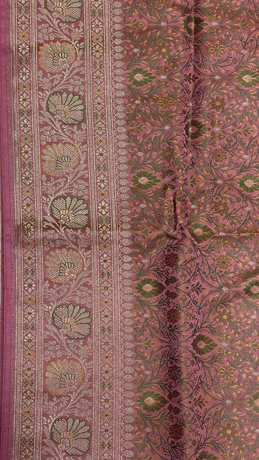 Faishana Presents Mauve Katan Silk Tanchoi Floral Zari Mina Jaal with Banarasi Floral Minakari Zari Border and Big Boota Pallu with Mauve Blouse