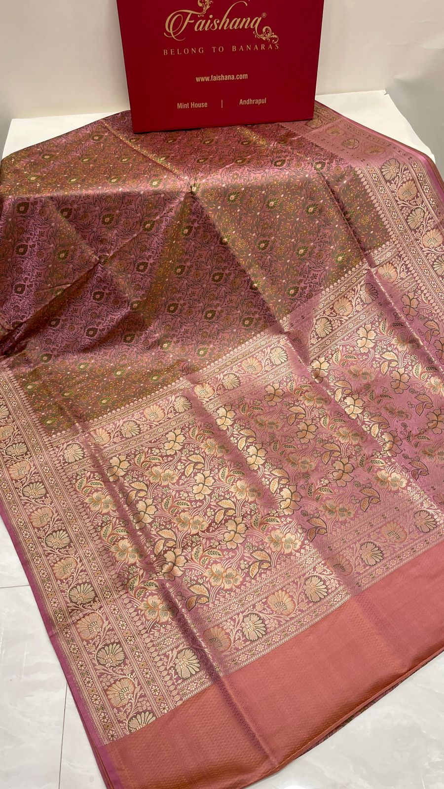 Faishana Presents Mauve Katan Silk Tanchoi Floral Zari Mina Jaal with Banarasi Floral Minakari Zari Border and Big Boota Pallu with Mauve Blouse