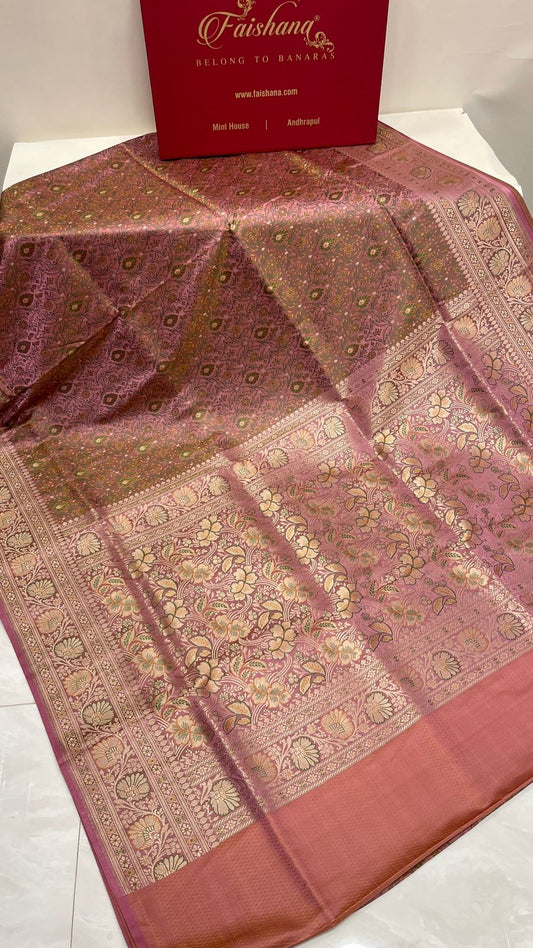 Faishana Presents Mauve Katan Silk Tanchoi Floral Zari Mina Jaal with Banarasi Floral Minakari Zari Border and Big Boota Pallu with Mauve Blouse